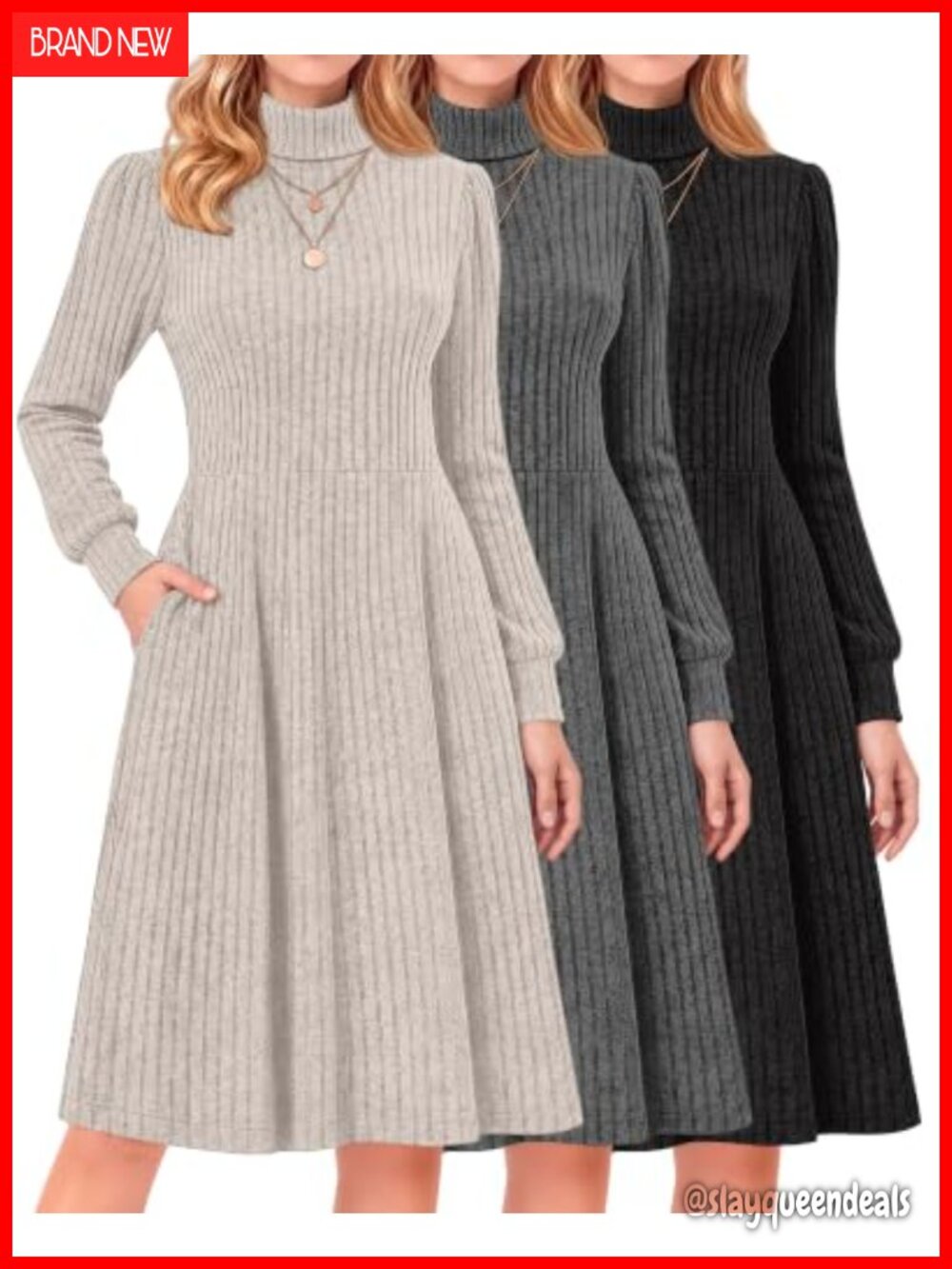 Womens Long Sleeve Sweater Dress Set Pockets Turtleneck Puff Cuff